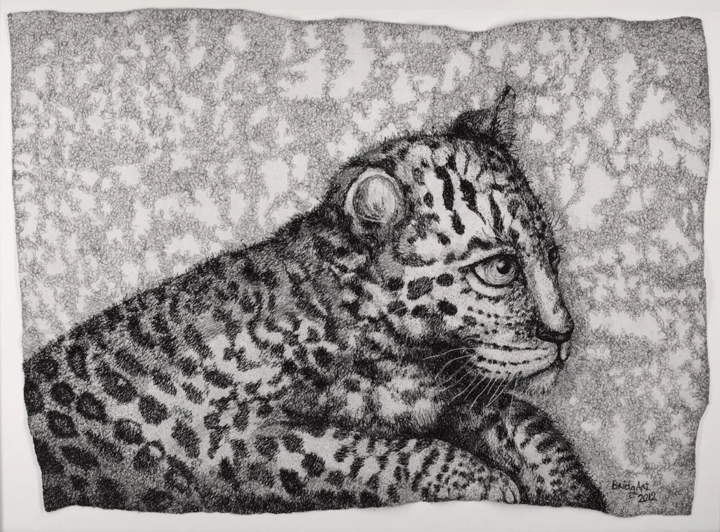 2 Leopard drawing in Thread 75x94cm Embroidery Cheryl Bridgart