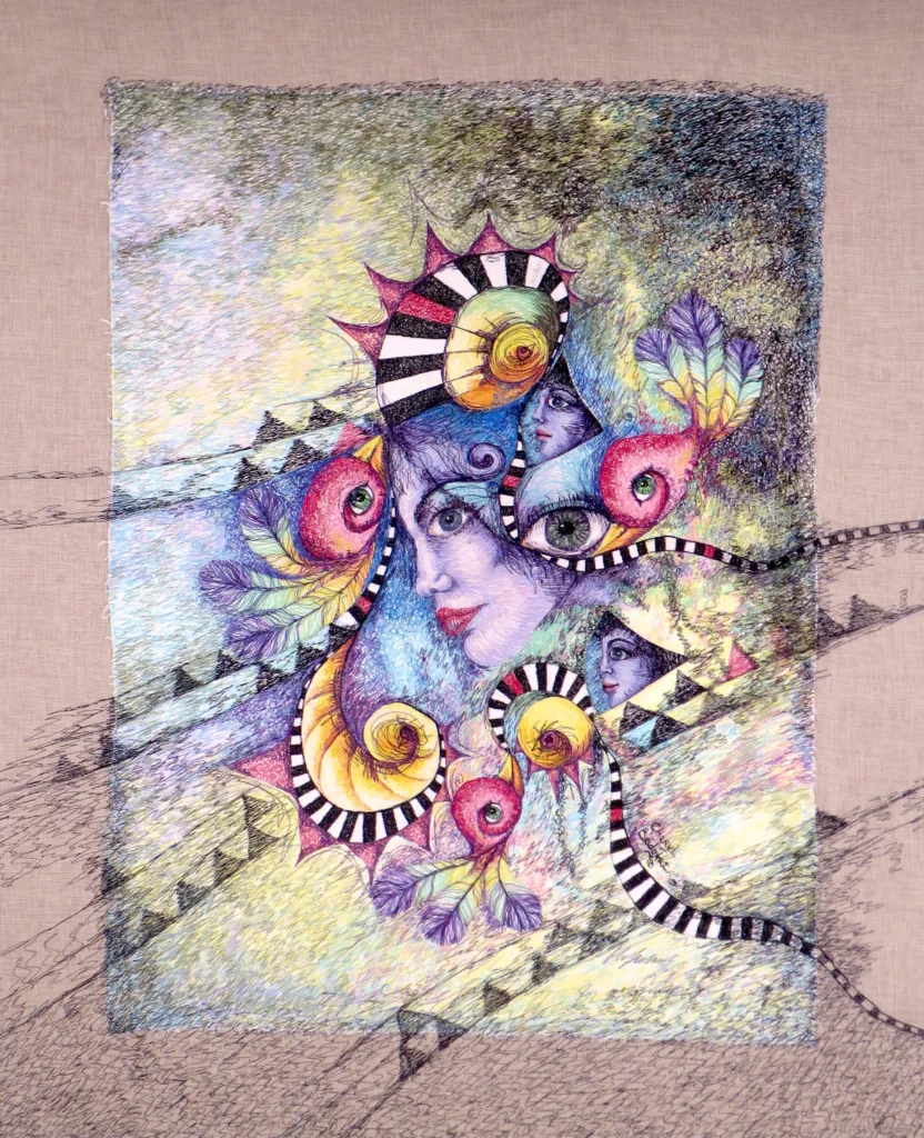 27 Fly Free Open the Doors 100x82cm embroidery Cheryl Bridgart