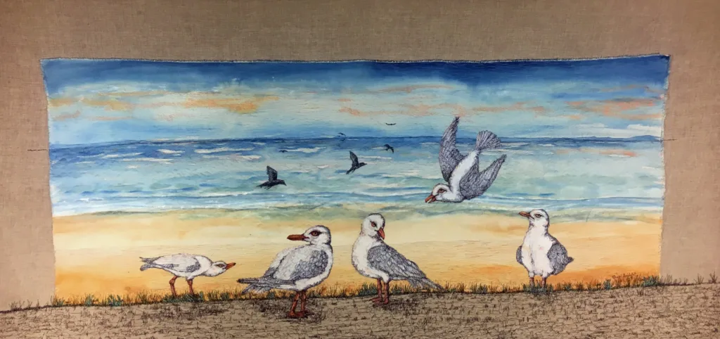 31 Life a Beach 90x185cm Embroidery Cheryl Bridgart & paint background