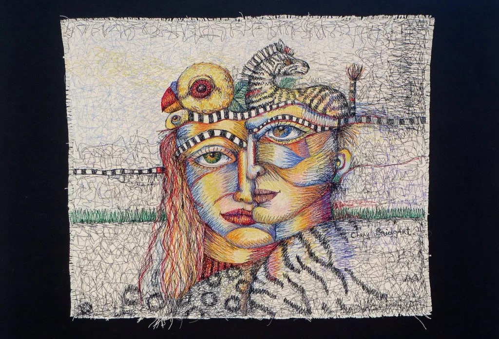 52 Portrait Play 61x71cm embroidery Cheryl Bridgart