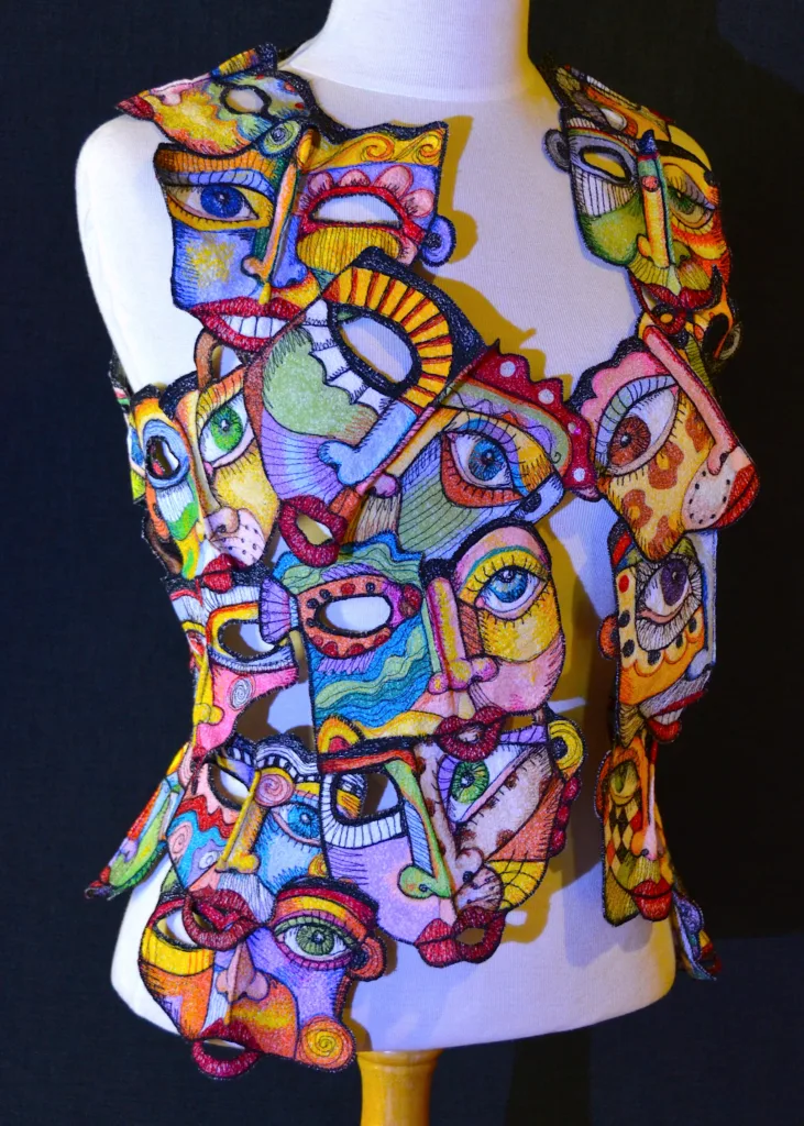 7 Masks 3,504,721 stitches=One Garment!-2017 -Embroidery Front Cheryl Bridgart